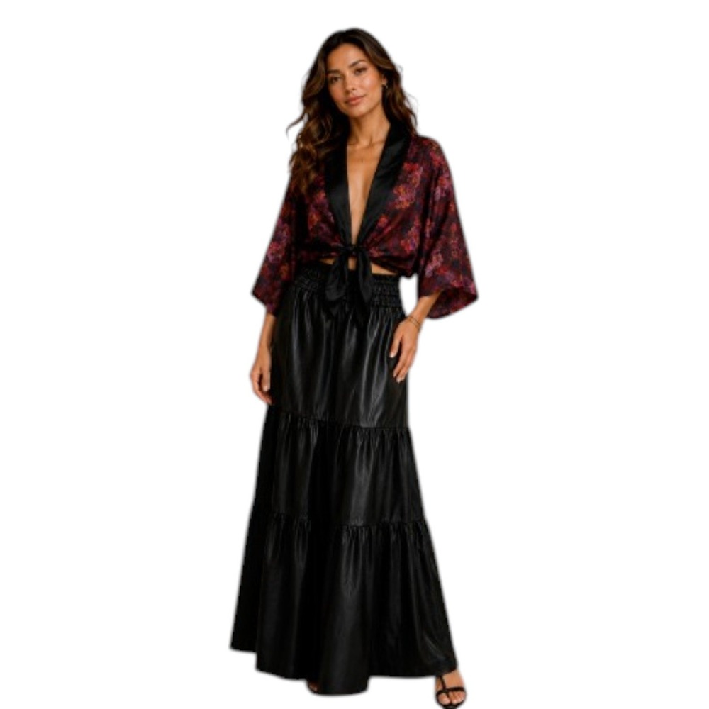 New‎ Anthropologie Women Somerset Skirt Black Faux Leather Maxi Smocked Waist XS